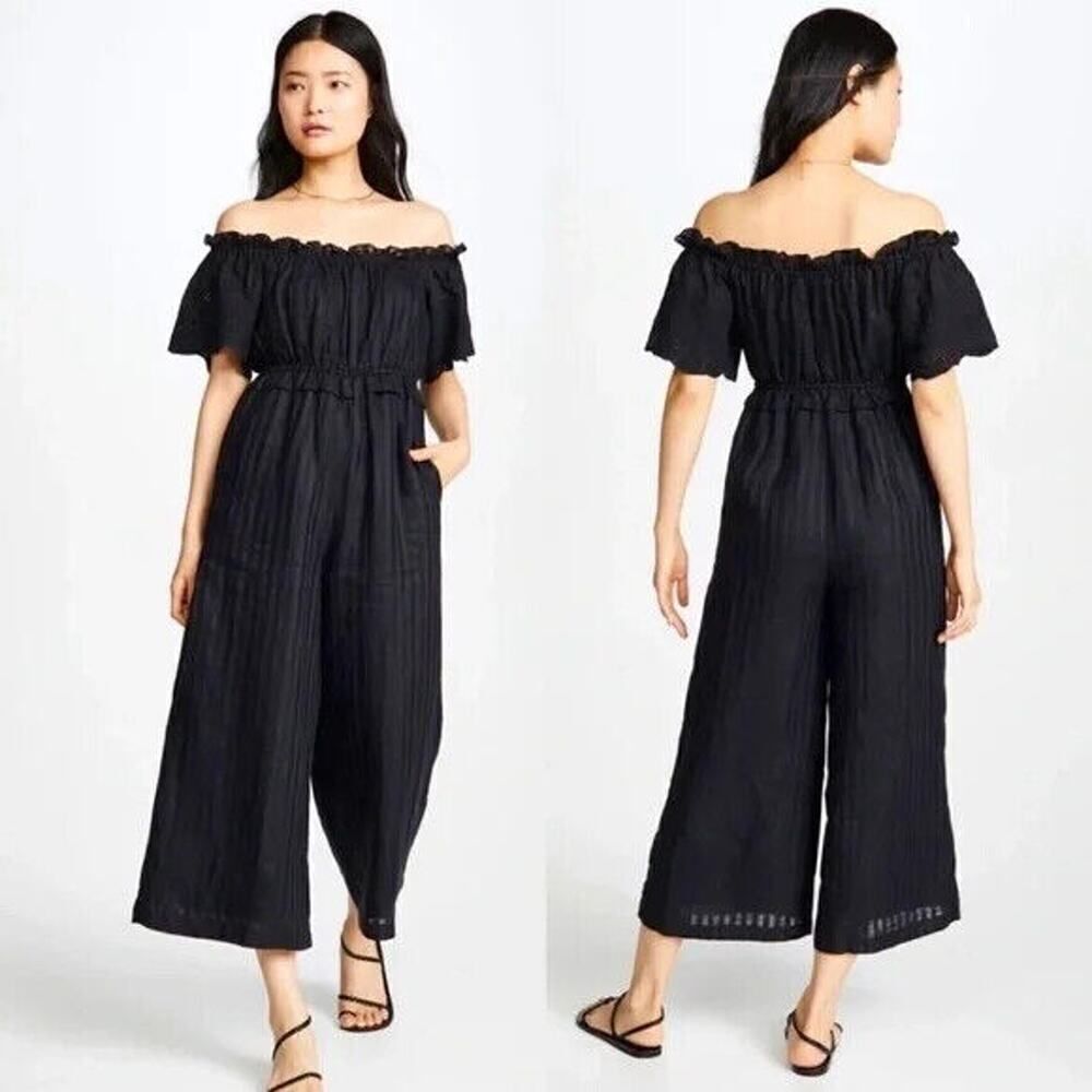 NEW! Anthropologie Joie alverna eyelet off shoulder 100% linen black jumpsuit L